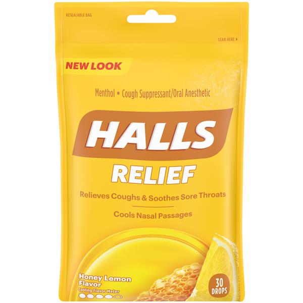Halls Honey Lemon Cough Suppressant/Oral Anesthetic Menthol Drops Hy