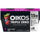Oikos Triple Zero Mixed Berry Nonfat Greek Yogurt Pack, 0% Fat, 0g Added Sugar and 0 Artificial Sweeteners, Just Delicious High Protein Yogurt, 4 Ct, 5.3 OZ Cups