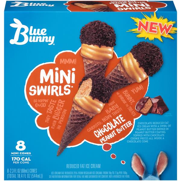 Blue Bunny Mini Swirls Chocolate Peanut Butter Reduced Fat Ice Cream Cones 8 23 Fl Oz Hy 