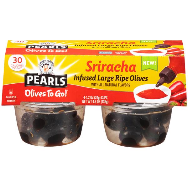 Pearls Olives to Go Sriracha Large Ripe Olives 4 1.2 oz Cups HyVee