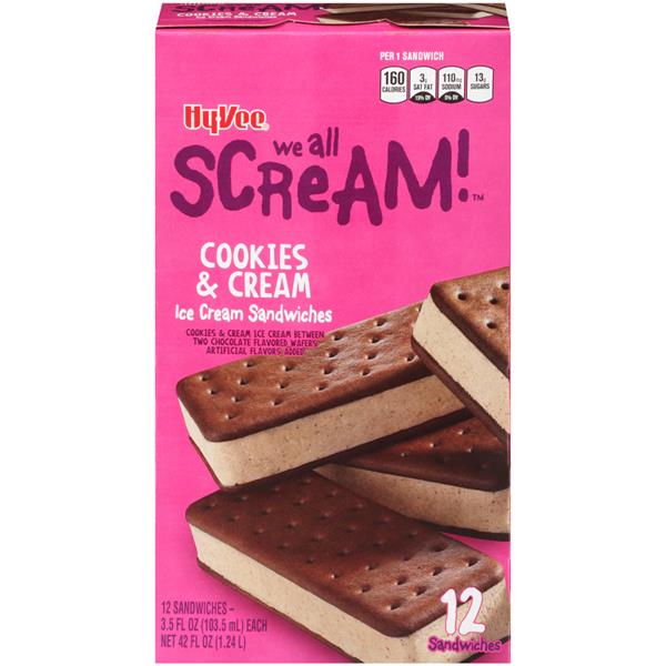 HyVee Cookies & Cream Ice Cream Sandwiches 12 3.5 fl. oz. Bars Hy