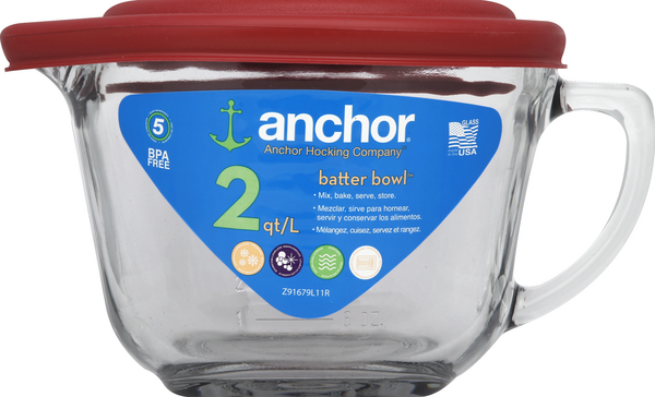 Anchor Hocking Batter Bowl, 2 Quart Glass Mixing Bowl with Blue Lid