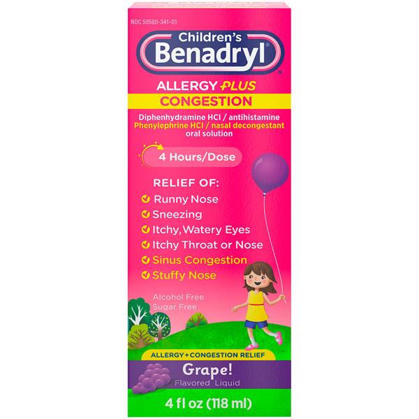 Children's Benadryl Allergy Plus Congestion Grape Flavored Liquid | Hy ...