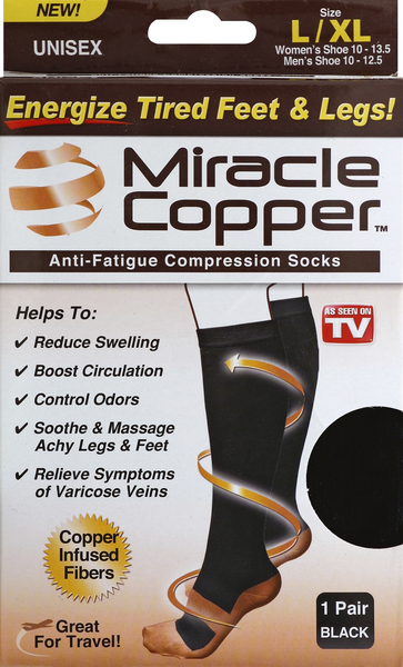 Miracle Copper Socks, Anti-Fatigue, Compression, Unisex, Size L/X-L, Black