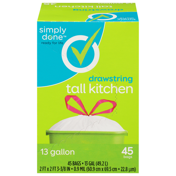 Simply Done Tall Drawstring Kitchen Bags, 13 Gallon, 40 Ct, Plastic Bags