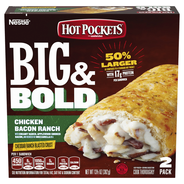 極上美品！Hot Buttered 6’2” お買い得！ Hot Pockets Big & Bold Chicken Bacon Ranch Frozen Sandwich 2 Ct