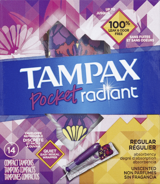 Tampax Pocket Radiant Compact Tampons Regular Absorbency, Unscented, 14  Count