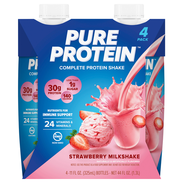 Pure Protein Protein Shake, Complete, Strawberry Milkshake, 4Pk