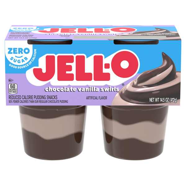 JELL-O Zero Sugar Chocolate Vanilla Swirls Pudding Snack Cups, 4