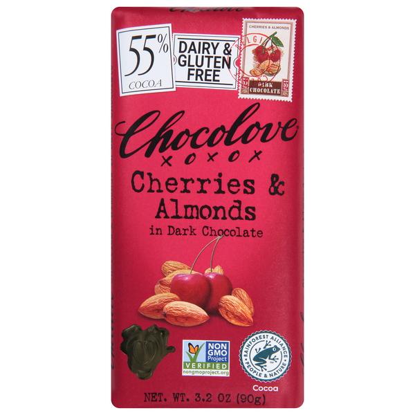 Chocolove Cherries & Almonds, In Dark Chocolate, 55% Cocoa