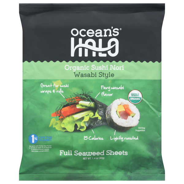 Ocean's Halo Wasabi Style Organic Sushi Nori, Full Seaweed Sheets